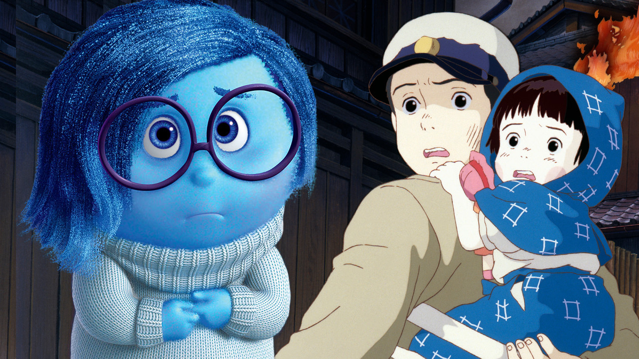 Seita and his sister Setsuko looking back shocked at Sadness from the movie Inside Out